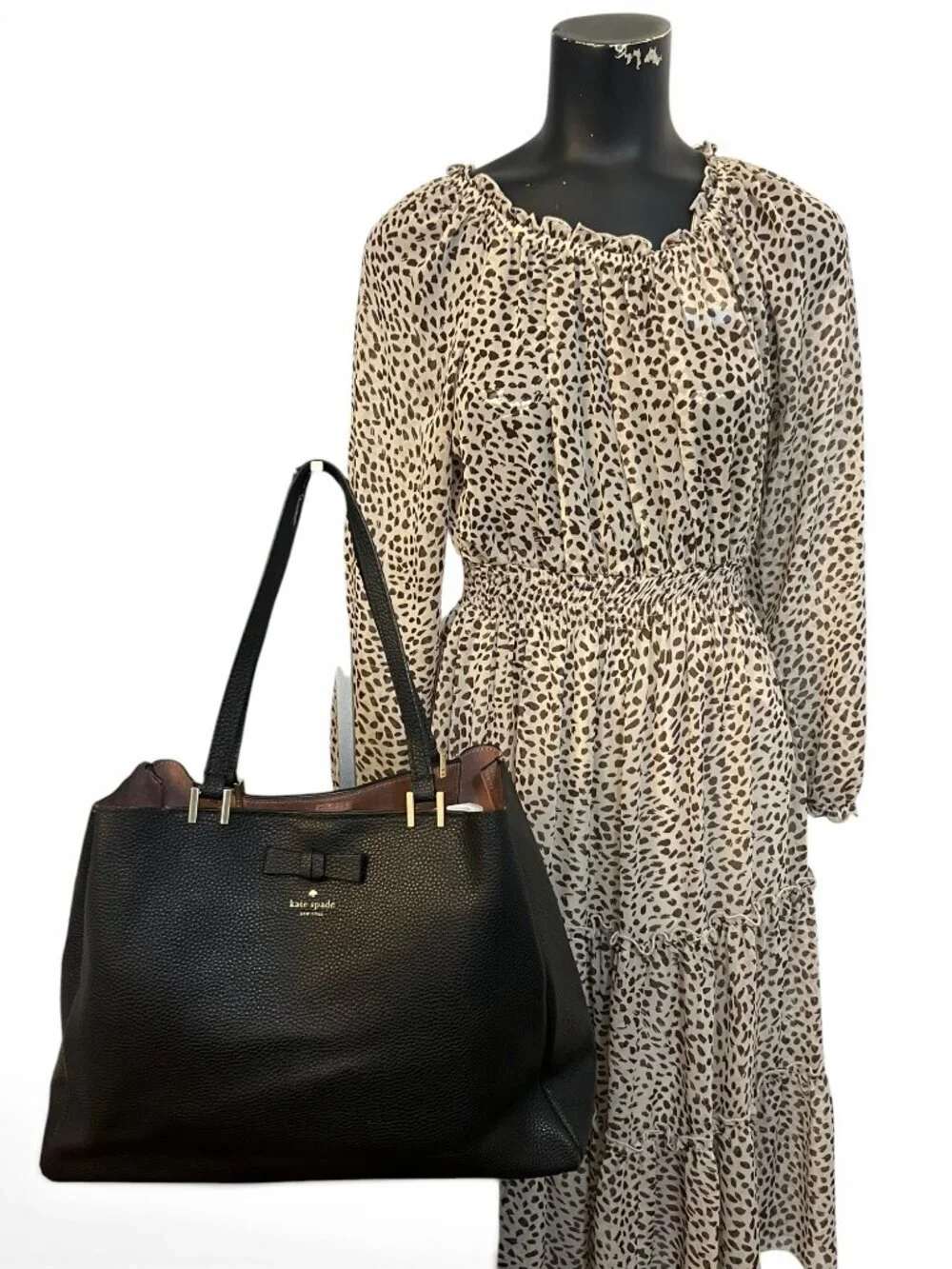 Kate Spade Black Pebbled Leather Shoulder Tote Bag With Bow Accent